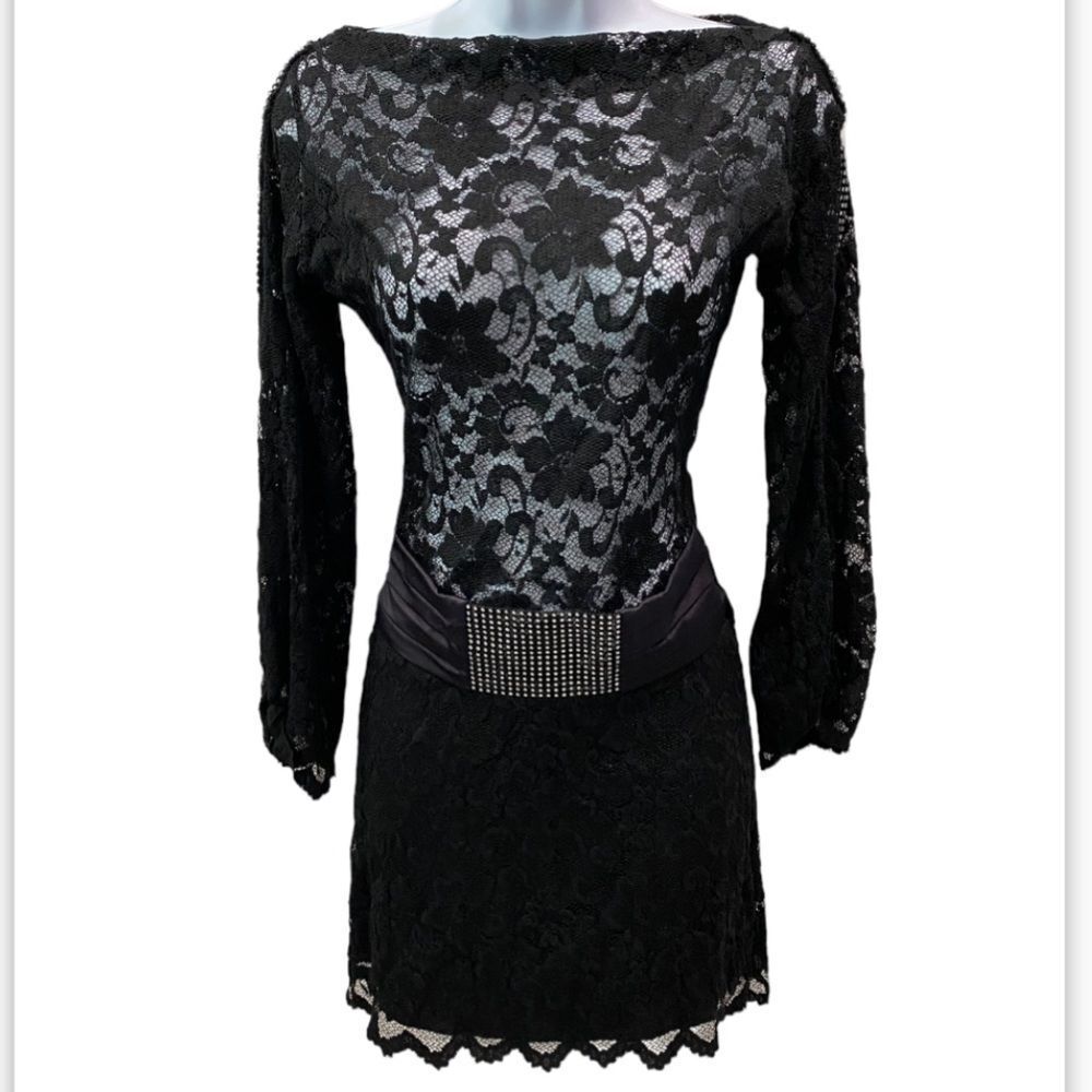 Sentimental NY By Sam Hourani Black Lace Dress With Rhinestone Tuxedo Belt Sz M - Picture 13 of 13
